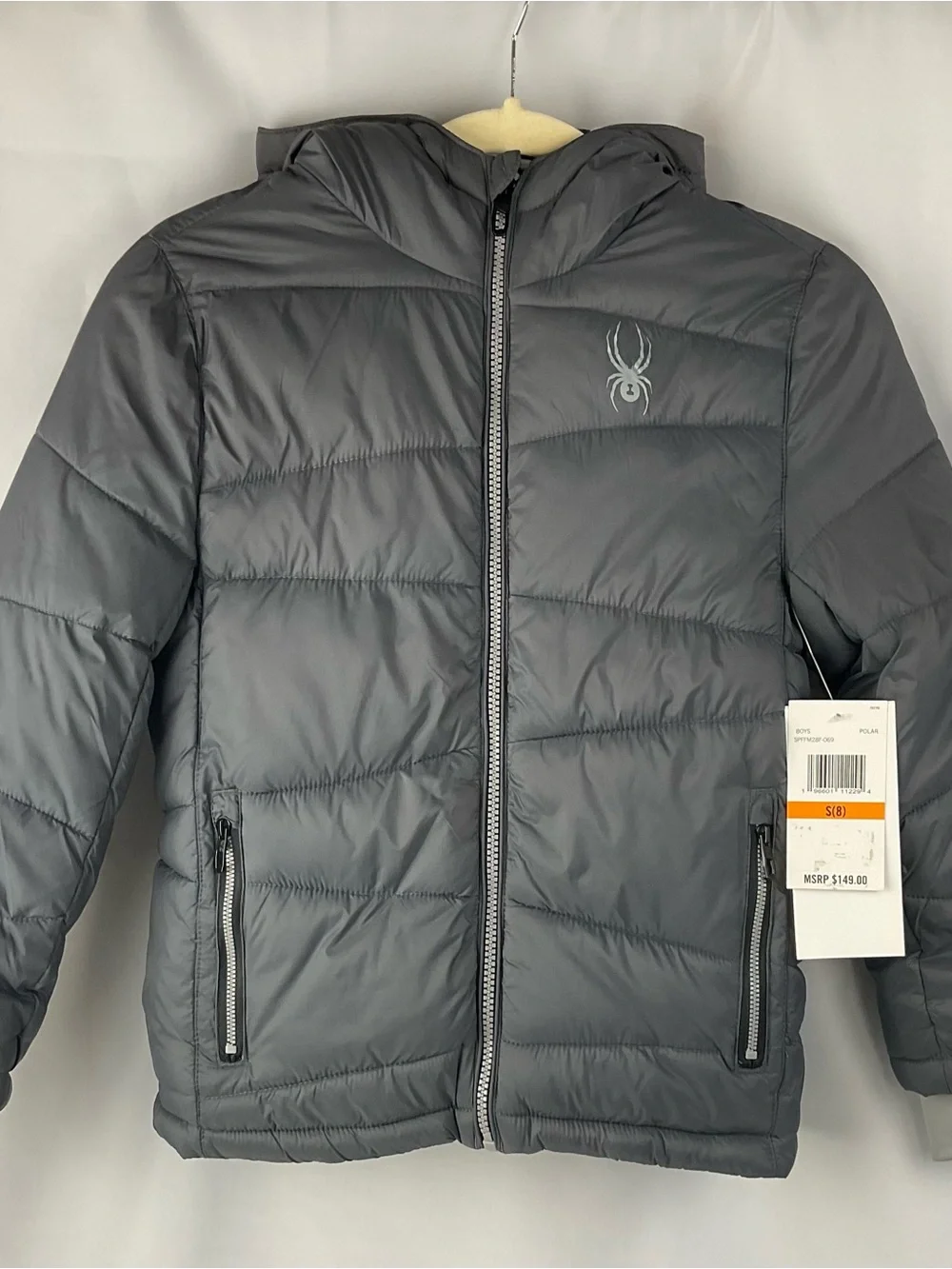 Spyder Boys Puffer Jacket Size 8 S Gray Polar Hooded Insulated NWT $149